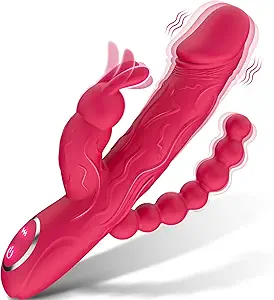 Rabbit G Spot Dildo Vibrator Adult Sex Toys for Women, 3 in 1 Vaginal Anal Beads Clitoris Double 10 Vibration Modes Silicone Nipple Stimulator Massager for Female Couple Play & Games (Rose Red)