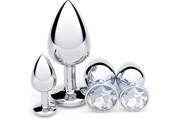 Anal Plug Beginner Set, 4 PCS Stainless Steel Butt Plug Training Kit with Jewel Base, Metal Anal Plugs for Gradual Training, Wide Base for Safety & Secure Fit for Women & Men Couples