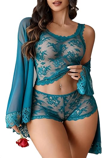 Avidlove 3 Piece Lingerie Set Lace Cami Short Set with Robe Mesh Sleepwear | Bra and Panty Set, Mesh Robe, Sexy Sheer Lingerie Set, Bridal, Wedding, Honeymoon