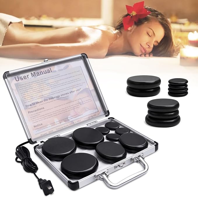 Hot Stones Massage Warmer Kit, 9Pcs Hot Stones Massage Set Portable Hot Stone with Heater, Hot Rocks Basalt Massage Stones for Home Spa Warming Therapy Relaxing Gift