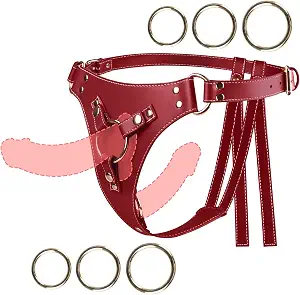 Strap On Dildo, Sex Toy - Strap On Harness Fits Various Sizes of Dildoes, 3 Different Sizes of Metal O-Rings for Each Position (2 Sets of 6 O-Rings Total), Perfect for Lesbian and Gay Couples (Red)